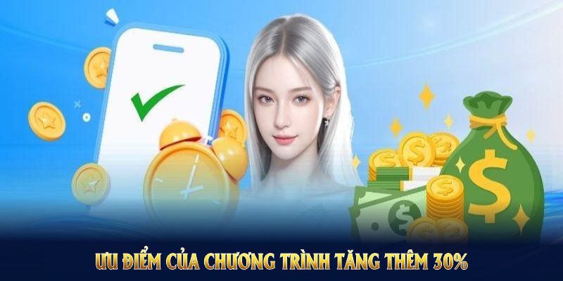 Tăng Thêm 30% Khi Nạp Tiền Trong Khung Giờ Vàng Nhà Cái F168 5 Ưu điểm của chương trình tăng thêm 30% khi nạp tiền trong khung giờ vàng